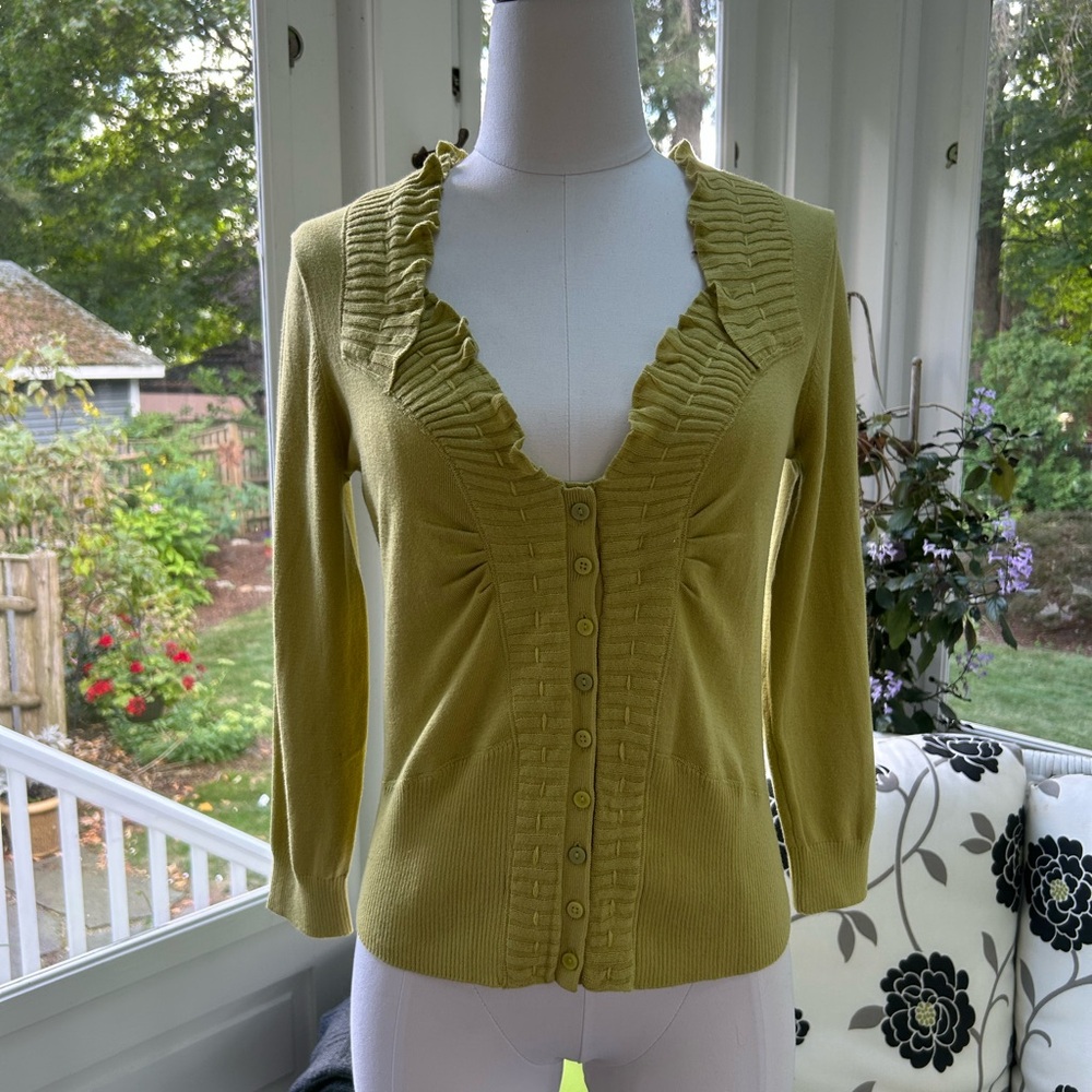 NWT: Anthropologie Rosie Neira Brand Chartreuse Green Ruffle Neck Cardigan